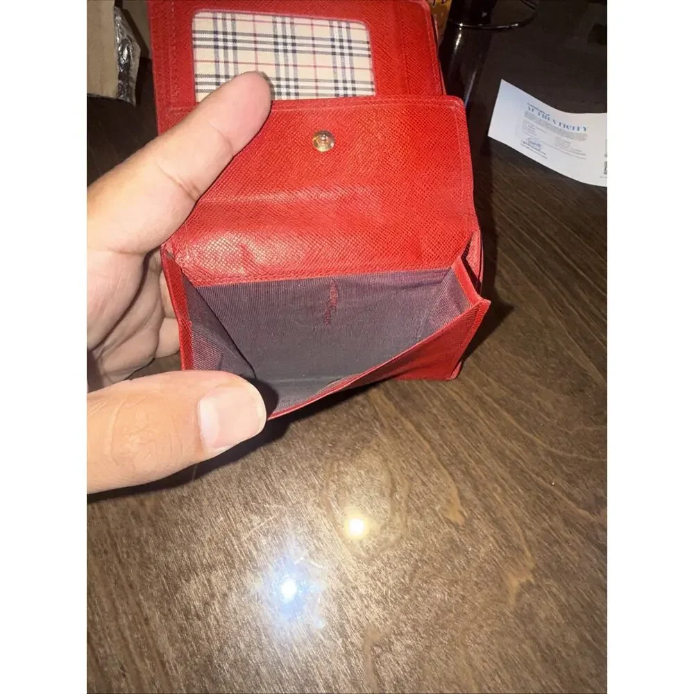 Burberry Red Leather Wallet Card Holder Coin Purse Nova Check